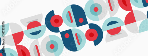 Geometric pattern features circles, semicircles. Red, blue, teal colors create modern design. Repeating elements suggest movement, texture.