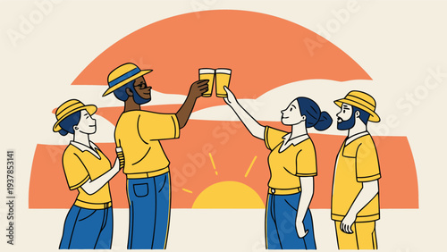 Vector illustration of Friends toasting with Beer Glasses at Sunset, Celebrating Together with Joy and Laughter