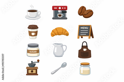 Coffee shop essentials: cups, machine, beans, and sweeteners illustrated