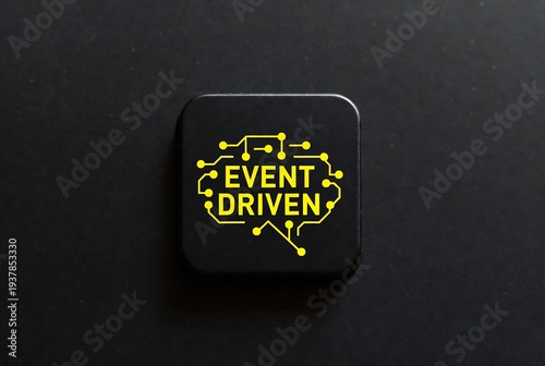 Wallpaper Mural A black square with a gold "EVENT DRIVEN" logo and circuit board design is on a dark background. Torontodigital.ca