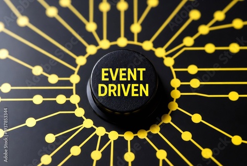 Event-driven architecture is depicted on a black background with yellow connections and a central 