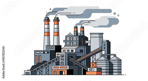 Industrial Factory with Smoke Emitting from Chimneys.