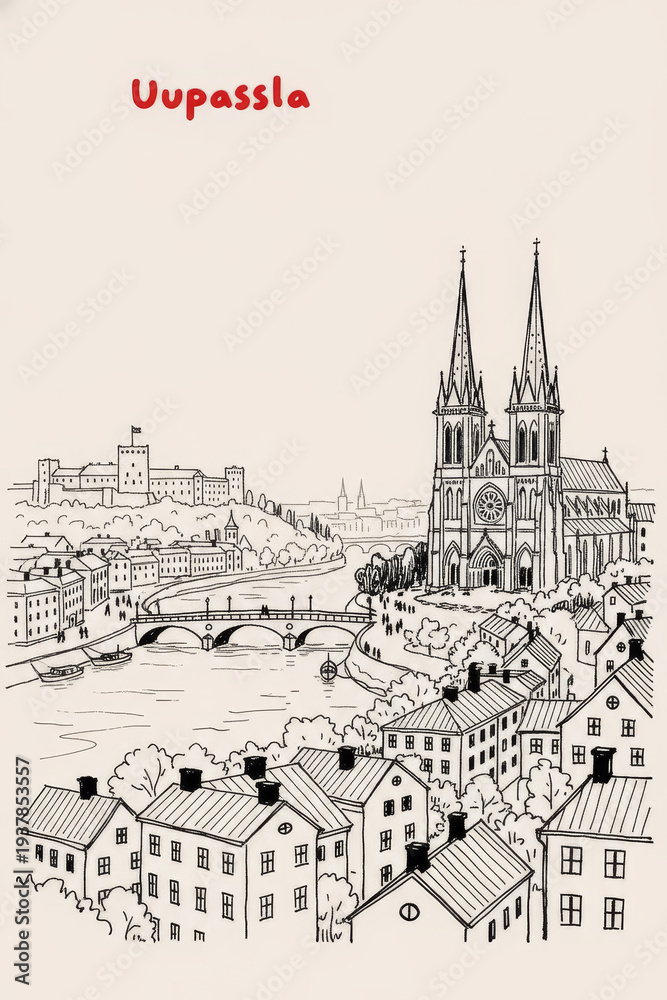 Fototapeta premium Uppsala, Sweden Pen Line Art Illustration of City Landmark and Travel Scene