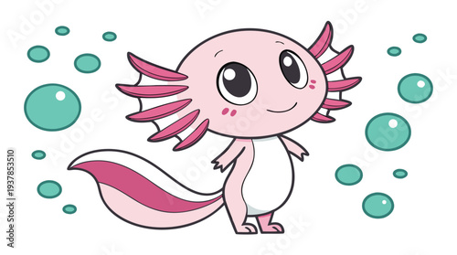 Vector illustration of Cute Pink Axolotl with Bubbles Illustration