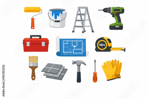 Home improvement tools: paint accessories, ladder, drill set, and blueprints for diy projects
