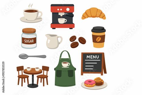 Coffee shop essentials: espresso machine, croissant, sugar, apron, menu board, donuts