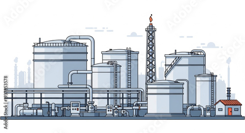 Industrial oil refinery complex with storage tanks and pipelines.