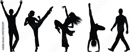 Black silhouettes of active people in various poses including dancing, martial arts kicking, cheering with raised arms, doing a handstand, and walking on white background.