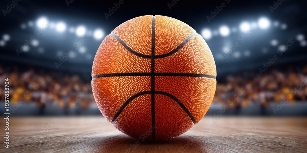 Obraz premium Close-up of a basketball on a wooden court with stadium lights and blurred crowd in background