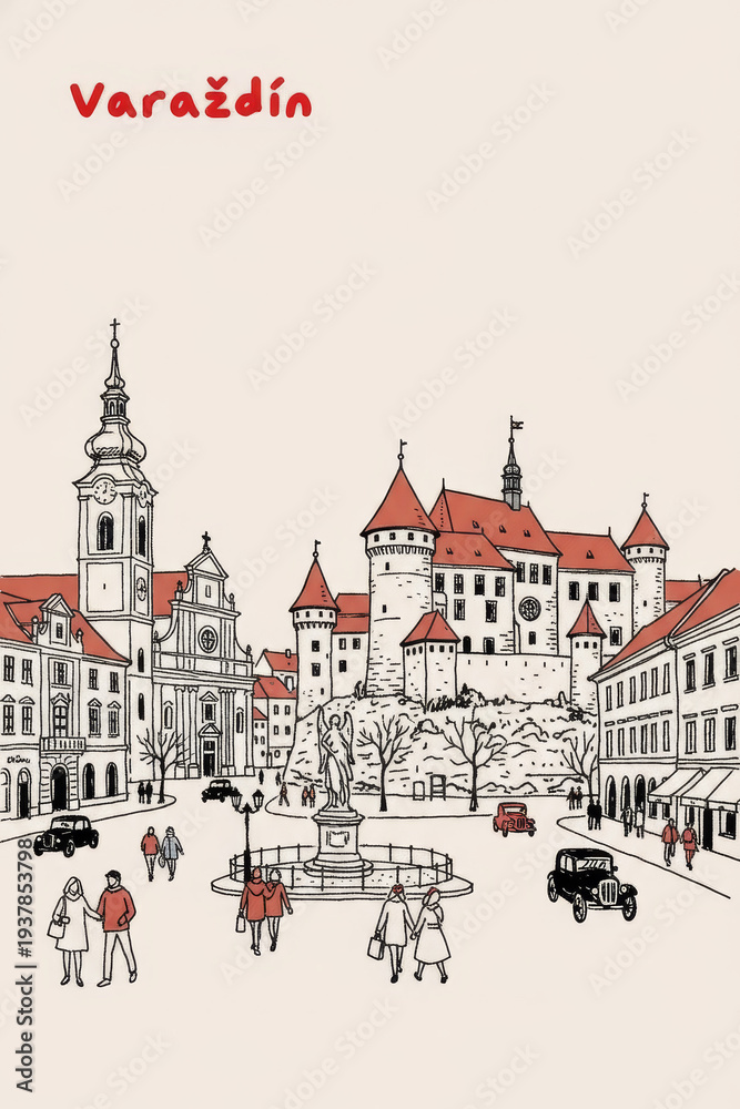 Obraz premium Varaždin, Croatia Pen Line Art Illustration of City Landmark and Travel Scene