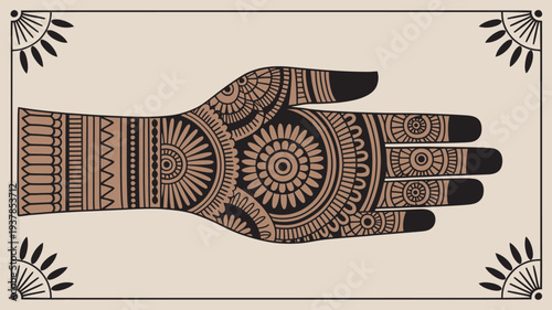 A hand decorated with intricate henna designs on a beige background