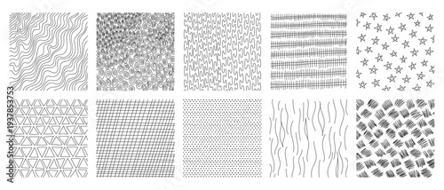 Hand-drawn crosshatch patterns with organic line textures vector illustration set. Sketch-style hatching creates depth through pencil strokes, perfect for artistic backgrounds and crosshatch designs.