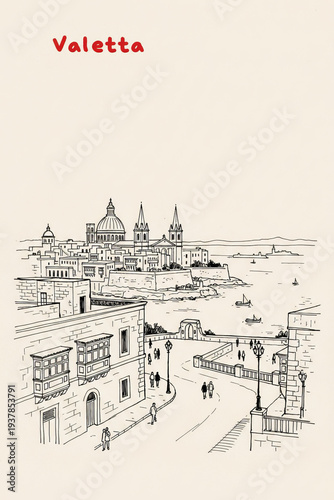 Valletta, Malta Pen Line Art Illustration of City Landmark and Travel Scene