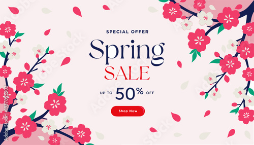 A colorful spring sale advertisement with floral design and special offer