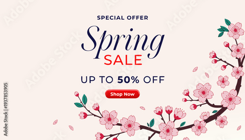 A colorful spring sale advertisement with pink cherry blossoms and a special offer of up to 50% off