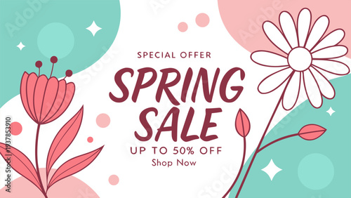A colorful spring sale advertisement with flowers and a special offer