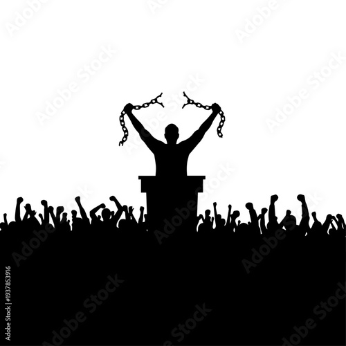 Freedom Concept Silhouette – Person Breaking Chains Above Crowd Symbol of Liberation


