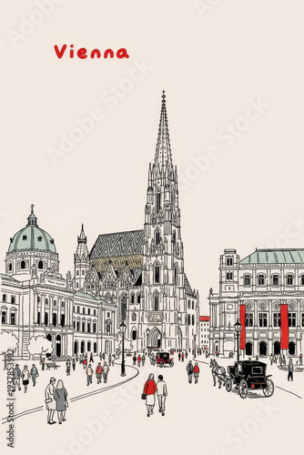 Vienna, Austria Pen Line Art Illustration of City Landmark and Travel Scene