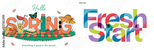 A colorful vector graphic illustration of spring and fresh start typography with decorative elements