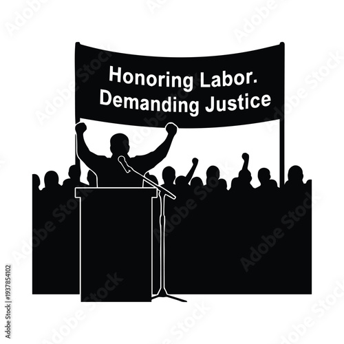 Activist speaking at podium with crowd and Honoring Labor. Demanding Justice banner
