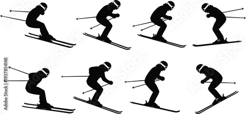 Set of skier silhouette icons in different downhill poses isolated on white background, black vector winter sport illustration for skiing, adventure and outdoor activity design