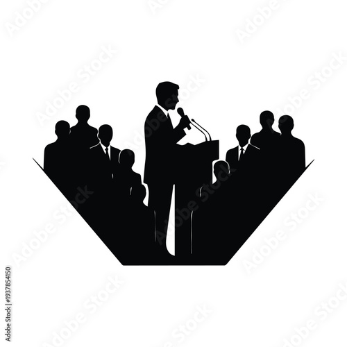 Confident speaker addressing audience from podium in professional setting