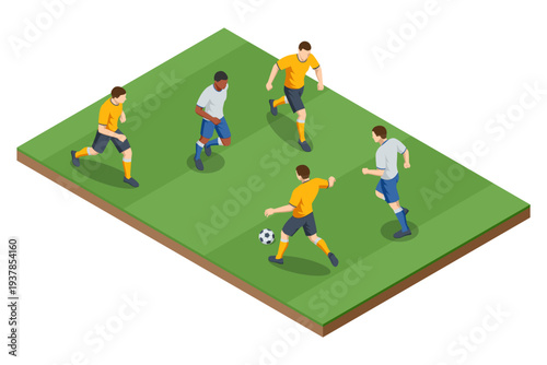 Isometric football match scene with five soccer player on green field. Sport team compete for ball during game play. Championship competition, teamwork, training and professional stadium sport event.