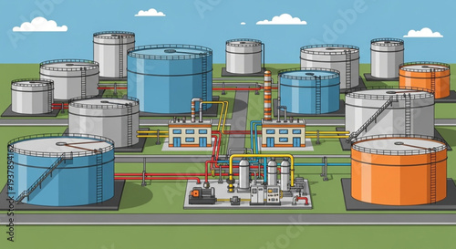 Industrial oil storage tanks and refinery complex illustration.