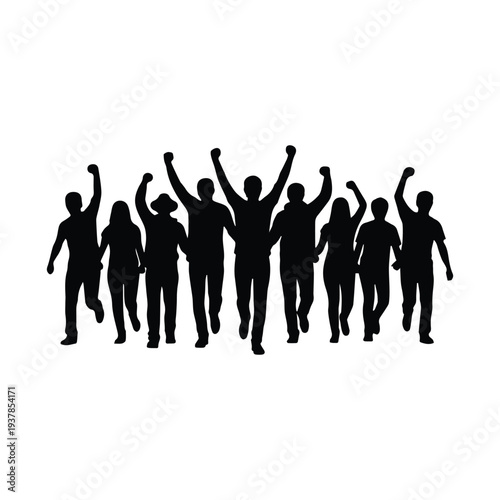 Diverse group of people celebrating with raised arms in unison
