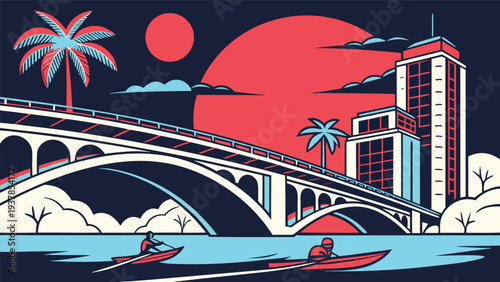 Vector illustration of Stylized city skyline at dusk with a bridge and people kayaking, representing urban leisure