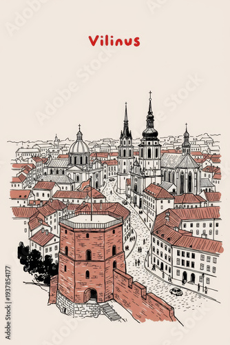 Vilnius, Lithuania Pen Line Art Illustration of City Landmark and Travel Scene