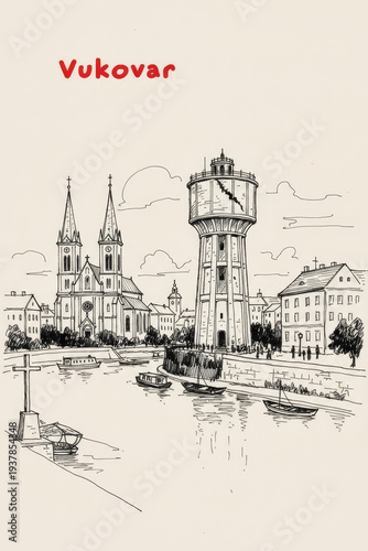 Vukovar, Croatia Pen Line Art Illustration of City Landmark and Travel Scene