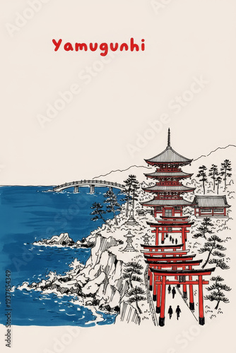 Yamaguchi, Japan Pen Line Art Illustration of City Landmark and Travel Scene