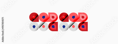 Red, white, blue circles form word good repeated twice. Minimalist design, flat graphic, simple typography, modern aesthetic.
