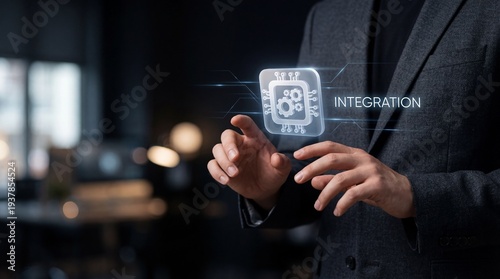 Hyper-Automation Integration: Businessman interacts with a holographic integration icon, representing advanced automation.
