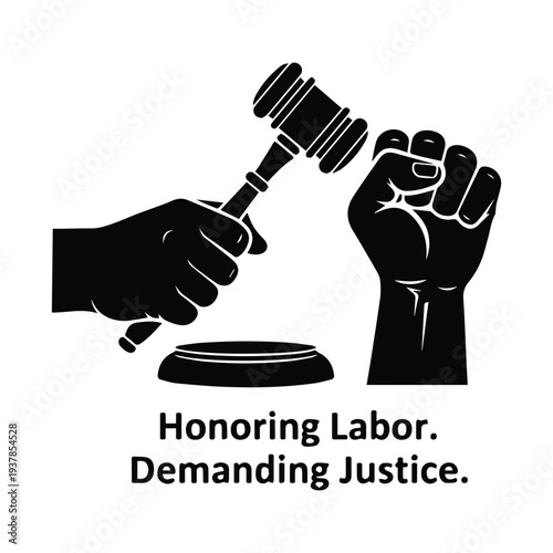 Striking gavel and raised fist demanding labor justice strongly