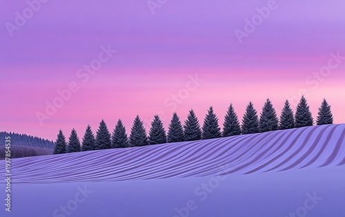 A serene winter landscape featuring snow-covered fields and a row of evergreen trees under a twilight sky