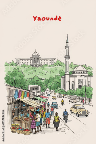 Yaoundé, Cameroon Pen Line Art Illustration of City Landmark and Travel Scene