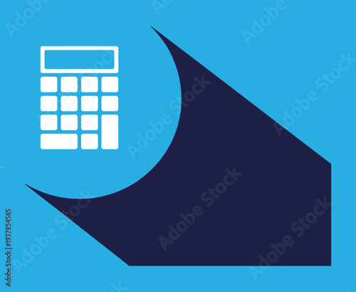 A graphic illustration featuring a white calculator icon on a vibrant blue background with a large, dark blue abstract wave-like shape.