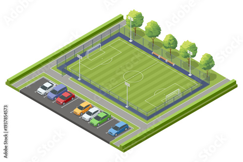Isometric football stadium arena with green soccer field, tribune seat and sport infrastructure. Large arena prepared for professional championship match. Sport architecture and fan event location