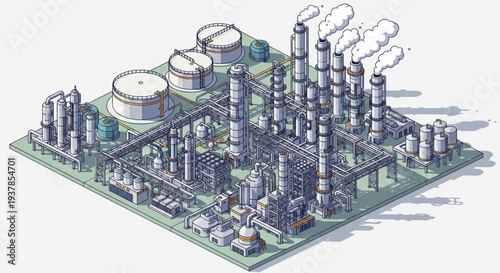 Industrial Oil Refinery Complex with Smokestacks.