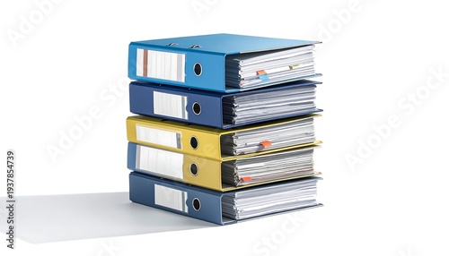 Stack of blue and yellow file folders overflowing with papers against a white background, casting a soft shadow