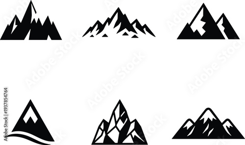 Black mountain silhouette icon set with different peak shapes isolated on white background, vector illustration collection for adventure, travel, hiking and outdoor branding
