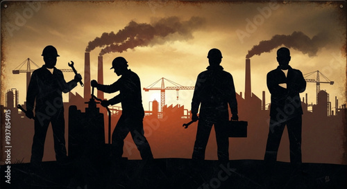 Silhouette of construction workers against industrial background.