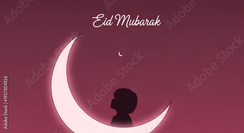 Optimized title:
Eid Mubarak Night Sky Card with Curious Child Gazing at Crescent Moon and Star, Purple Pink Gradient Illustration, Ramadan Greeting for Kids and Families