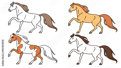 Vector illustration of Collection of four horses in different colors walking and trotting vector illustration