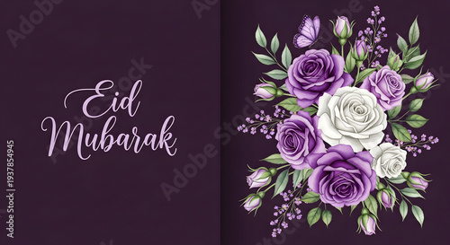 Optimized title (SEO-friendly, detailed, descriptive)
Eid Mubarak Floral Greeting Card with Purple and White Roses, Elegant Script Typography, Dark Purple Background, Whimsical Eid Card for Ramadan an