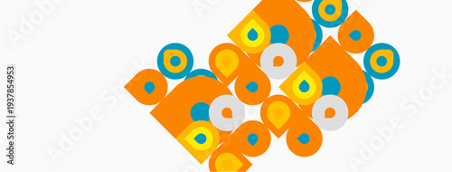 Orange shapes overlap, creating abstract pattern. Blue, yellow circles accent design. Minimalist aesthetic, clean lines present.