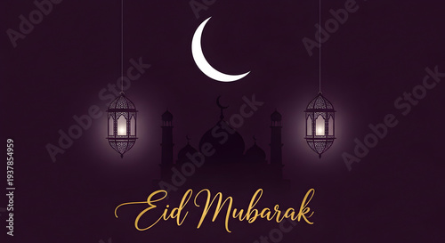 Optimized title
Eid Mubarak Night Scene with Large Golden Crescent Moon, City Silhouettes, Ornate Lanterns, and Elegant Script
