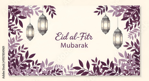 Title: Eid al-Fitr Mubarak Decorative Banner with Purple Leaf Frame and Gold Lanterns, Elegant Islamic Celebration Header for Cards, Social Media, and Invitations